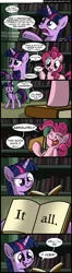 Size: 800x3030 | Tagged: safe, artist:veggie55, derpibooru import, pinkie pie, twilight sparkle, twilight sparkle (alicorn), alicorn, pony, book, comic, female, library, mare, pun