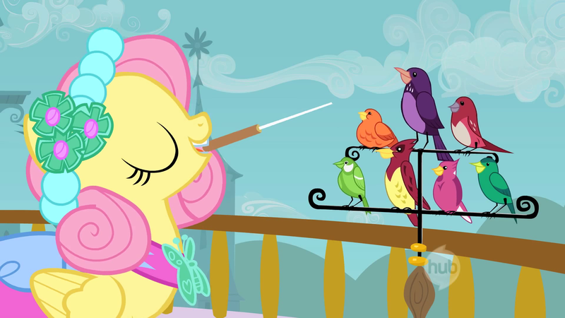 Size: 1920x1080 | Tagged: safe, derpibooru import, screencap, constance, fluttershy, bird, pegasus, pony, a canterlot wedding, alternate hairstyle, baton, chickadee (bird), clothes, conductor's baton, cute, dress, eyes closed, female, house finch, mare, mouth hold, perch, purple martin, shyabetes, songbird