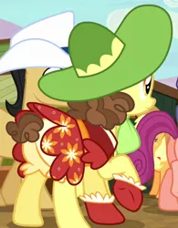 Size: 706x905 | Tagged: safe, derpibooru import, screencap, applejack, bonnie rose, cherry cola, cherry fizzy, may fair, earth pony, pony, appleoosa's most wanted, appleloosa resident, background pony, bloomers, clothes, cowboy hat, cropped, female, hat, mare, pantaloons, raised hoof, short tail, skirt, solo focus, underwear, upskirt, yellow underwear