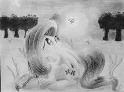 Size: 2592x1936 | Tagged: artist:lortstreet54, derpibooru import, firefly (insect), fluttershy, grayscale, insect, looking at something, looking up, lying down, monochrome, pencil drawing, safe, solo, traditional art