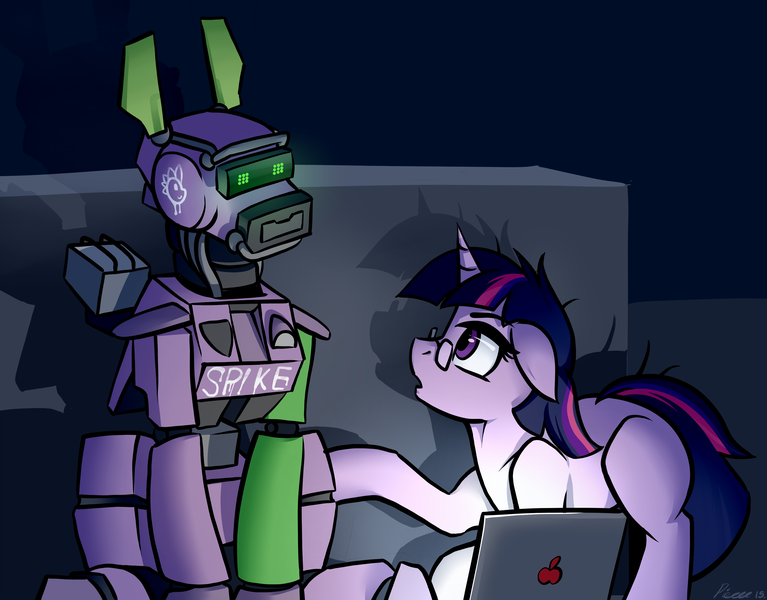 Size: 3900x3050 | Tagged: apple (company), artist:whitepone, blank flank, chappie, computer, crossover, derpibooru import, floppy ears, glasses, high res, laptop computer, macbook, messy mane, :o, open mouth, robot, safe, sitting, spike, twilight sparkle