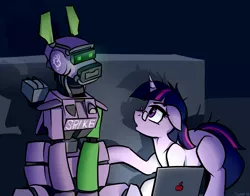 Size: 3900x3050 | Tagged: apple (company), artist:whitepone, blank flank, chappie, computer, crossover, derpibooru import, floppy ears, glasses, high res, laptop computer, macbook, messy mane, :o, open mouth, robot, safe, sitting, spike, twilight sparkle