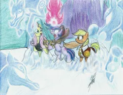 Size: 3288x2543 | Tagged: applejack, artist:nightshadow154, clover the clever, derpibooru import, fire of friendship, fluttershy, glowing eyes, hearth's warming eve (episode), ice, magic, newbie artist training grounds, private pansy, rearing, safe, scene interpretation, smart cookie, traditional art, twilight sparkle, windigo