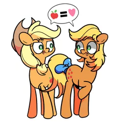 Size: 1280x1280 | Tagged: safe, artist:duop-qoub, artist:turtlefarminguy, derpibooru import, applejack, applejack (g1), earth pony, pony, my little pony 'n friends, apple, applejack's hat, bow, cowboy hat, cutie mark, dialogue, duo, female, g1, g1 to g4, generation leap, generational ponidox, hat, looking at each other, open mouth, speech bubble, tail bow, that pony sure does love apples