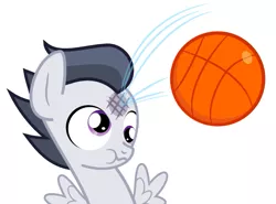 Size: 753x558 | Tagged: safe, artist:changeling #209458, derpibooru import, rumble, pegasus, pony, abuse, basketball, bruised, colt, derp, foal, male, rumblebuse, simple background, solo, sports, white background