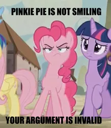 Size: 597x686 | Tagged: safe, derpibooru import, screencap, fluttershy, pinkie pie, rainbow dash, twilight sparkle, twilight sparkle (alicorn), alicorn, pony, the cutie map, female, mare, meme, solo focus, your argument is invalid