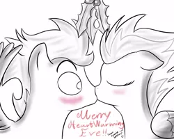 Size: 1000x800 | Tagged: artist:thorheim, blushing, derpibooru import, female, hearts and hooves day, holly, holly mistaken for mistletoe, kissing, love, male, safe, shipping, soarin', soarinfire, spitfire, straight