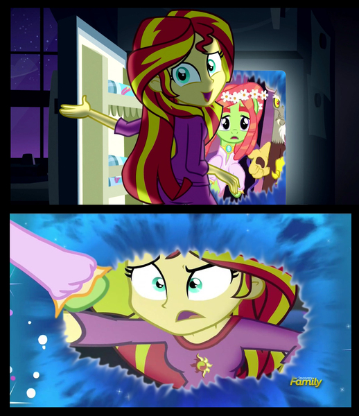 Size: 1315x1522 | Tagged: safe, derpibooru import, discord, sunset shimmer, tree hugger, equestria girls, make new friends but keep discord, rainbow rocks, crossing the memes, discord's portal, double meme, exploitable meme, meme, obligatory pony, pinkie's refrigerator, portal