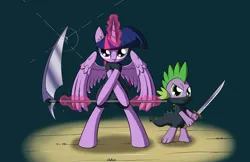 Size: 1275x825 | Tagged: safe, artist:firebrandkun, derpibooru import, spike, twilight sparkle, twilight sparkle (alicorn), alicorn, pony, semi-anthro, bipedal, magic, ninja, ninjato, scythe, sword, weapon