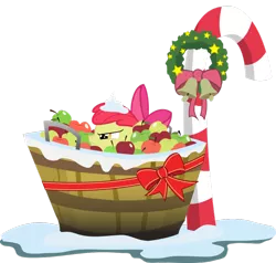 Size: 900x855 | Tagged: apple, apple bloom, artist:agryx, candy, candy cane, christmas, derpibooru import, food, hearth's warming eve, hiding, holiday, lurking, ribbon, safe, snow