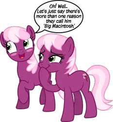 Size: 2998x3211 | Tagged: suggestive, artist:cheezedoodle96, derpibooru import, idw, cheerilee, cherry blossom (idw), earth pony, pony, .svg available, female, high res, idw showified, implied big macintosh, implied cheerimac, implied shipping, implied straight, innuendo, male, mare, shipping, siblings, simple background, sisters, speech bubble, stallion, svg, that's what she said, transparent background, twins, vector