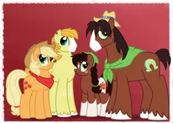 Size: 1060x753 | Tagged: safe, artist:faith-wolff, derpibooru import, applejack, trouble shoes, oc, oc:crispin cider, oc:honeycrisp apple, blaze (coat marking), clothes, faithverse, family photo, female, haircut, male, next generation, offspring, parent:applejack, parent:troubleshoes clyde, parents:troublejack, red background, scarf, shipping, simple background, socks (coat marking), star (coat marking), straight, torn ear, troublejack