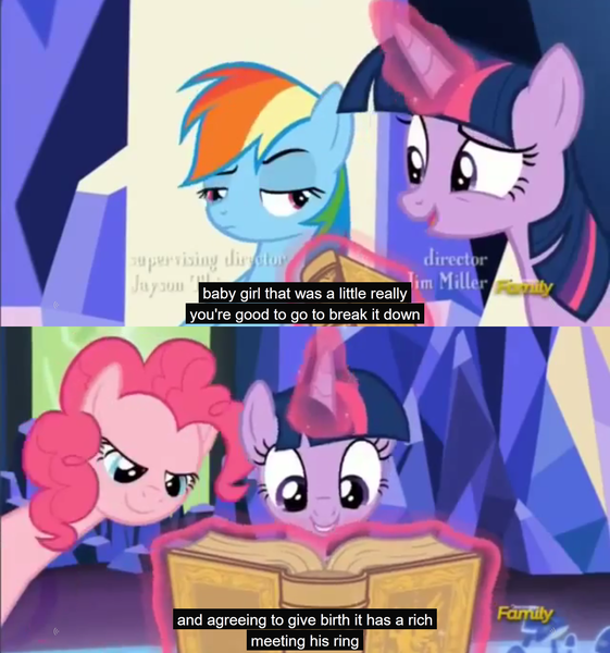 Size: 1600x1710 | Tagged: alicorn, book, caption, derpibooru import, edit, edited screencap, meme, pinkie pie, rainbow dash, safe, screencap, the lost treasure of griffonstone, twilight sparkle, twilight sparkle (alicorn), youtube caption