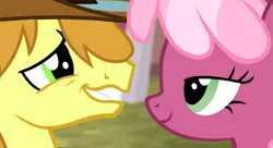 Size: 1253x684 | Tagged: appleoosa's most wanted, bedroom eyes, braeburn, cheerburn, cheerilee, derpibooru import, edit, edited screencap, embarrassed, fake, fake screencap, female, male, safe, screencap, shipping, smiling, straight