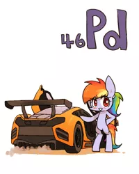 Size: 800x1000 | Tagged: safe, artist:joycall6, derpibooru import, part of a set, rainbow dash, pegasus, pony, series:joycall6's periodic table, bipedal, blushing, car, chemistry, female, hypercar, mare, mclaren, mclaren mp4-12c, palladium, periodic table, smiling, solo, supercar, vehicle