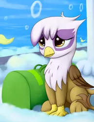 Size: 3825x4950 | Tagged: safe, artist:grennadder, derpibooru import, gilda, gryphon, the lost treasure of griffonstone, bag, chickub, cloud, cloudy, cute, female, frown, gildadorable, image, li'l gilda, png, sitting, solo, younger