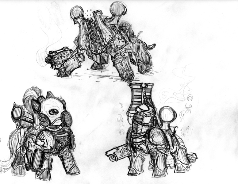 Size: 3300x2550 | Tagged: safe, artist:cahook2, derpibooru import, ponified, pony, armor, bolter, chaos space marine, emperor's children, gun, khorne, khorne berzerker, monochrome, noise marine, power armor, slaanesh, space marine, thousand sons, traditional art, tzeentch, warhammer (game), warhammer 40k, weapon, world eaters