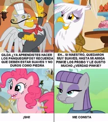 Size: 634x720 | Tagged: safe, derpibooru import, edit, edited screencap, screencap, gilda, gustave le grande, maud pie, pinkie pie, gryphon, pony, griffon the brush off, maud pie (episode), mmmystery on the friendship express, the lost treasure of griffonstone, broken teeth, comic, female, griffon scone, male, mare, spanish, translated in the description