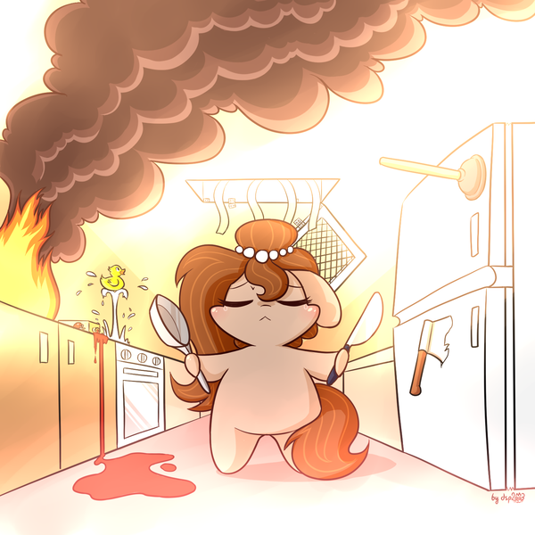 Size: 1536x1536 | Tagged: :<, alternate version, artist:dsp2003, axe, blushing, chibi, cute, derpibooru import, eyes closed, fire, floppy ears, hoof hold, kitchen, knife, majestic as fuck, oc, oc:brownie bun, pan, plunger, property damage, refrigerator, rubber duck, safe, smoke, solo, style emulation, this will end in tears and/or breakfast, unofficial characters only, water, weapon, xk-class end-of-the-kitchen scenario