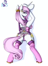 Size: 3664x5000 | Tagged: suggestive, artist:longinius, derpibooru import, fleur-de-lis, pony, semi-anthro, series:rarity's secret, absurd resolution, bedroom eyes, bipedal, bipedal leaning, butt, clothed ponies, clothes, corset, ear piercing, earring, female, garter belt, garters, jewelry, leaning, lingerie, looking at you, looking back, miss fleur is trying to seduce us, panties, piercing, plot, pose, seductive pose, smiling, solo, solo female, stockings, stupid sexy fleur-de-lis, thigh highs, underwear