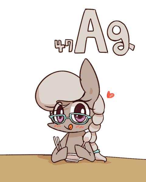 Size: 800x1000 | Tagged: safe, artist:joycall6, derpibooru import, part of a set, silver spoon, series:joycall6's periodic table, :p, argentum, blushing, chemistry, glasses, heart, licking, licking lips, literal silver spoon, periodic table, pun, silver, silverware, solo, tongue out