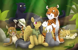 Size: 5100x3300 | Tagged: safe, artist:bravelyart, derpibooru import, daring do, mitsy, big cat, bobcat, cat, cheetah, jaguar (animal), lynx, panther, pegasus, pony, puma, tiger, ahuizotl's cats, animal, clothes, cute, female, hat, kitten, mare, one eye closed, pith helmet