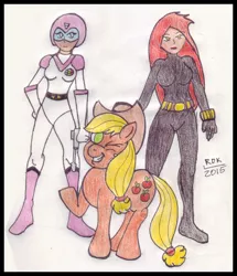 Size: 577x670 | Tagged: applejack, artist:rdk, ashleigh ball, black widow (marvel), derpibooru import, marvel, princess allura, safe, traditional art, voice actor, voltron