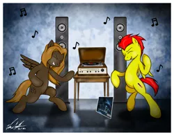 Size: 800x625 | Tagged: safe, artist:ep-777, derpibooru import, oc, oc:blazing spark, oc:mellow rhythm, unofficial characters only, pegasus, pony, album, far beyond driven (album), headbang, pantera, record player