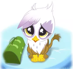 Size: 975x920 | Tagged: safe, artist:ta-na, derpibooru import, gilda, gryphon, the lost treasure of griffonstone, bag, chickub, cute, female, frown, gildadorable, image, li'l gilda, looking at you, looking up, png, shy, sitting, solo, weapons-grade cute, younger