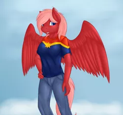 Size: 1726x1613 | Tagged: anthro, artist:daf, captain marvel (marvel), clothes, derpibooru import, hand on hip, jeans, oc, oc:torrent, pants, pegasus, safe, shirt, smiling, solo, standing, unofficial characters only