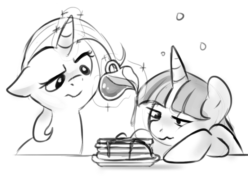 Size: 877x657 | Tagged: safe, artist:imalou, derpibooru import, trixie, twilight sparkle, pony, unicorn, female, food, i'm pancake, lesbian, mare, monochrome, pancakes, shipping, syrup, twixie