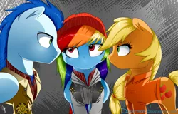 Size: 1381x884 | Tagged: applejack, artist:supermare, beanie, clothes, crossover, delsin rowe, derpibooru import, hat, infamous, infamous second son, rainbow dash, safe, soarin', video game