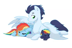 Size: 3000x2000 | Tagged: safe, artist:kianamai, derpibooru import, rainbow dash, soarin', oc, oc:prism bolt, kilalaverse, family, father and child, father and son, female, like father like son, like mother like son, male, mother and child, mother and son, next generation, offspring, parent:rainbow dash, parent:soarin', parents:soarindash, shipping, simple background, sleeping, soarindash, spread wings, straight, white background, wing blanket, wings