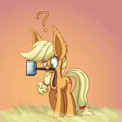 Size: 1000x1000 | Tagged: applejack, artist:heir-of-rick, daily apple pony, derpibooru import, ear fluff, frown, hammer, hatless, impossibly large ears, missing accessory, mjölnir, mouth hold, question mark, raised eyebrow, safe, solo, thor, war hammer