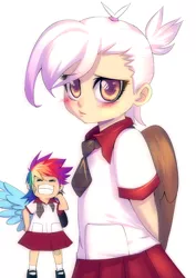 Size: 700x990 | Tagged: artist:bakki, chickub, clothes, cute, derpibooru import, gilda, gildadorable, human, humanized, li'l gilda, rainbow dash, safe, school uniform, the lost treasure of griffonstone, winged humanization, wings, younger