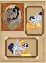 Size: 801x1100 | Tagged: safe, artist:saint-juniper, derpibooru import, applejack, soarin', earth pony, pegasus, pony, fanfic:myths and birthrights, belly, duo, female, male, mare, photo album, pregnant, shipping, soarinjack, stallion, straight