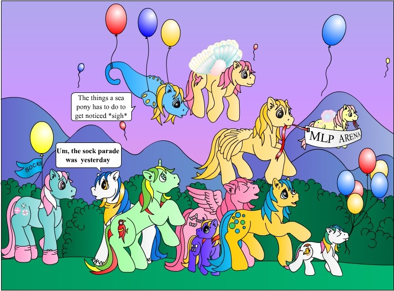 Size: 771x570 | Tagged: artist:kohala8, baby quackers, baby ribbon, balloon, bubbles (g1), derpibooru import, flying, g1, g3, heart throb, little flitter, lofty, mimic (g1), minty (g1), mlp arena, queen rosedust, rosedust, safe, sea pony, summer wing ponies, tiny bubbles