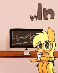 Size: 800x1000 | Tagged: apple (company), applejack, artist:joycall6, blushing, coffee, computer, derpibooru import, drink, hoof hold, indium, mac, monitor, mug, part of a set, periodic table, safe, series:joycall6's periodic table, sitting, solo