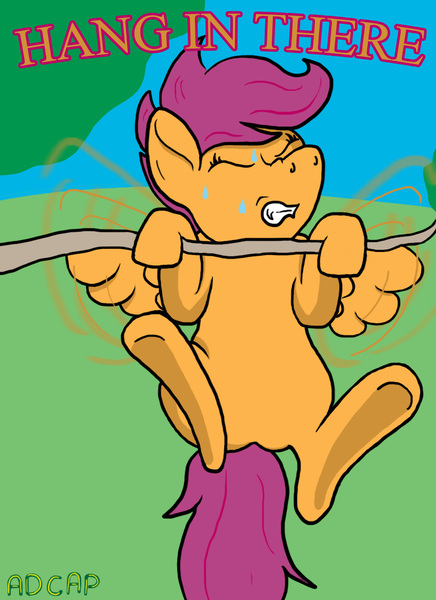 Size: 850x1169 | Tagged: derpibooru import, hanging, hang in there, motivational poster, parody, safe, scootaloo, scootaloo can't fly, solo