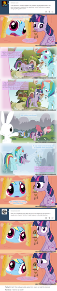 Size: 1280x6500 | Tagged: safe, artist:pegachess, derpibooru import, angel bunny, pinkie pie, rainbow dash, twilight sparkle, twilight sparkle (alicorn), alicorn, pony, ask the resized ponies, canterlot, female, fluttershy's cottage, flying, giant pony, giantess, macro, mare, nervous, sweat, tumblr, tumblr comic