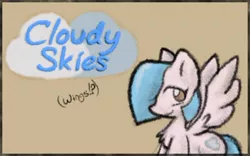 Size: 430x269 | Tagged: safe, artist:zutcha, derpibooru import, oc, oc:cloudy skies (pap), unofficial characters only, pegasus, pony, fanfic:the last pony on earth, ponies after people, blue hair, chest fluff, cutie mark, female, illustration, mare, pink fur, simple background, smiling, solo, spread wings, text, wings