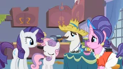 Size: 1280x720 | Tagged: cookie crumbles, cookieflanks, derpibooru import, female, hondo flanks, male, rarity, rarity's parents, safe, screencap, shipping, sisterhooves social, straight, sweetie belle