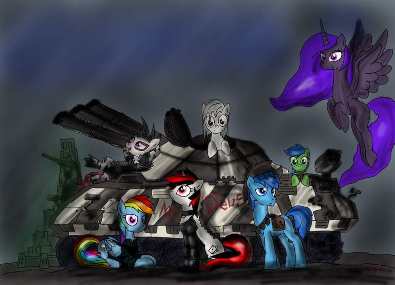 Size: 2500x1800 | Tagged: safe, artist:setharu, derpibooru import, rainbow dash, oc, oc:blackjack, oc:boo, oc:deus, oc:lacunae, oc:morning glory (project horizons), oc:p-21, oc:rampage, alicorn, cyborg, earth pony, pegasus, pony, unicorn, fallout equestria, fallout equestria: project horizons, fanfic, artificial alicorn, cowboy hat, cutie mark, cyber legs, fallout, fanfic art, female, flying, group, hat, hooves, horn, male, mare, ministry mares, open mouth, prone, purple alicorn (fo:e), spread wings, stallion, tank (vehicle), wings