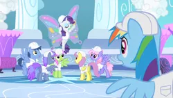 Size: 1280x720 | Tagged: safe, derpibooru import, screencap, blueberry punch, blues, merry may, noteworthy, parasol, peppermint crunch, rainbow dash, rainbowshine, rarity, pegasus, pony, unicorn, sonic rainboom (episode), background pony, female, glimmer wings, hard hat, male, mare, stallion, weather factory uniform, wings