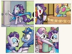 Size: 1594x1209 | Tagged: safe, derpibooru import, edit, idw, babs seed, rarity, sweetie belle, pony, alarm clock, and then there's rarity, bed, cape, clock, clothes, cropped, doctor, door, eyes closed, eyeshadow, glasses, gloves, head mirror, looking at each other, loss (meme), lying down, magic, makeup, open mouth, quill, shirt, shocked, spa pony, telekinesis, thermometer