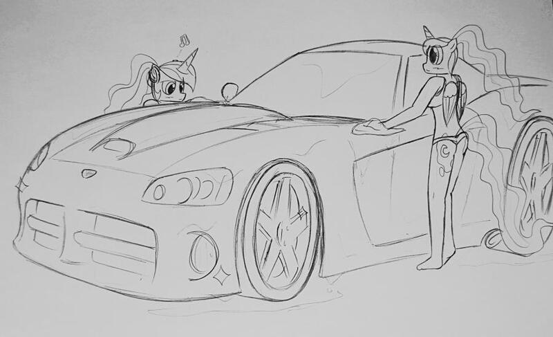 Size: 900x548 | Tagged: anthro, artist:opusxs, bikini, car, car wash, clothes, derpibooru import, dodge (car), dodge viper, monochrome, princess celestia, princess luna, safe, swimsuit