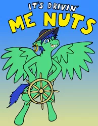 Size: 1918x2470 | Tagged: suggestive, artist:phonicb∞m, derpibooru import, oc, oc:twister, unofficial characters only, pegasus, pony, fanfic, fanfic:piercing the heavens, calm wind, ear piercing, earring, grin, hat, jewelry, piercing, pirate, pun, robot chicken, smiling, spread wings, steering wheel, text, tricorne, wings