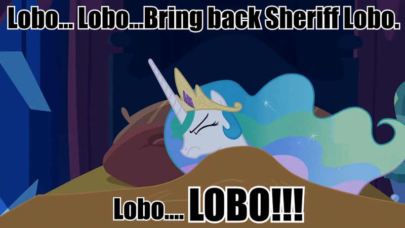 Size: 960x540 | Tagged: caption, celestia's nightmare, derpibooru import, exploitable meme, image macro, lobo, meme, princess celestia, safe, solo, text, the misadventures of sheriff lobo, the simpsons