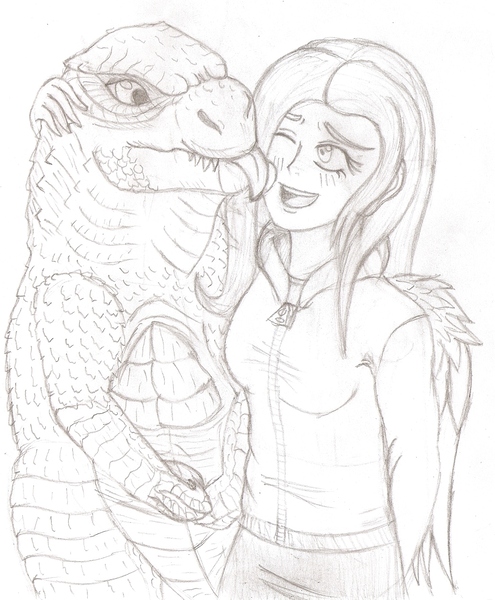 Size: 1464x1776 | Tagged: safe, artist:johng117, derpibooru import, fluttershy, human, kaiju, crossover, godzilla, godzilla (series), godzilla 2014, godzilla junior, godzillashy, humanized, licking, monochrome, tongue out, traditional art