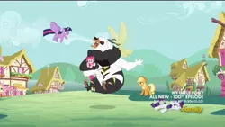 Size: 1366x768 | Tagged: safe, derpibooru import, screencap, applejack, fluttershy, pinkie pie, rarity, twilight sparkle, twilight sparkle (alicorn), alicorn, bugbear, pony, slice of life (episode), discovery family logo, female, mare, monster, noogie